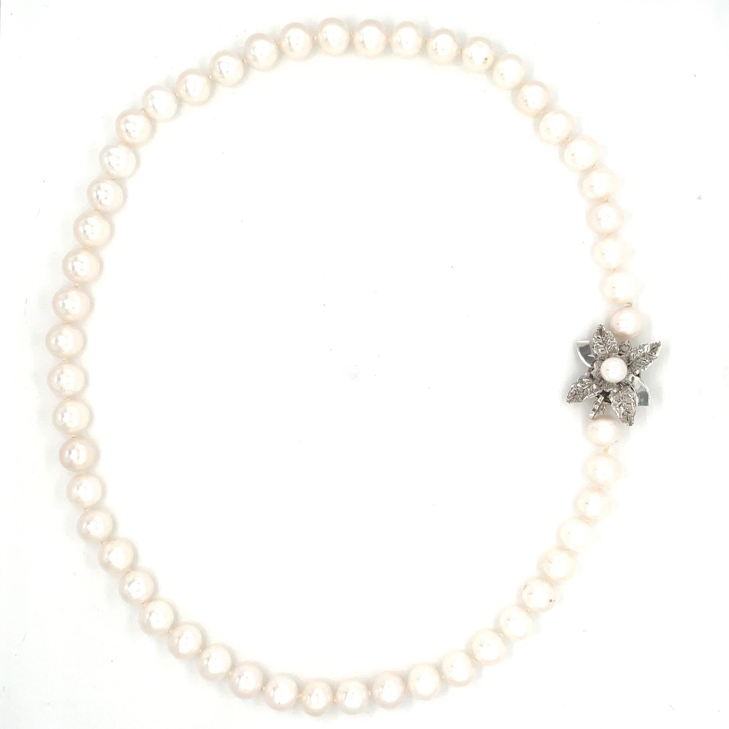 Pearl Necklace on Silver Flower Brooch — 18”