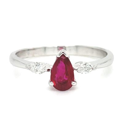 Ruby Pear & Diamond Ring in 18k White Gold