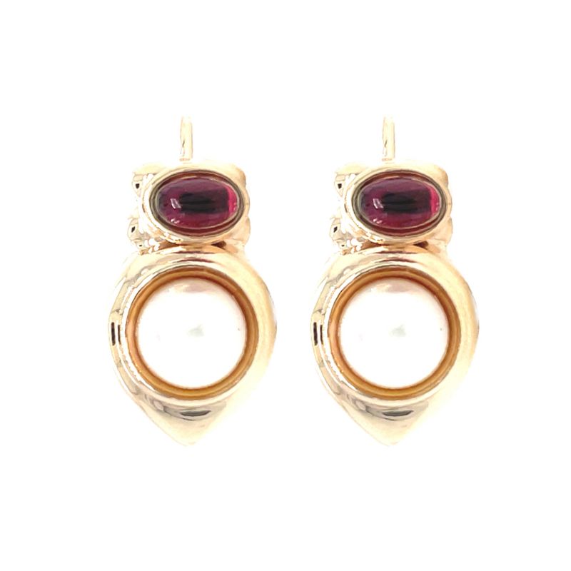 Pearl & Cabochon Garnet Earrings in 14k Yellow Gold