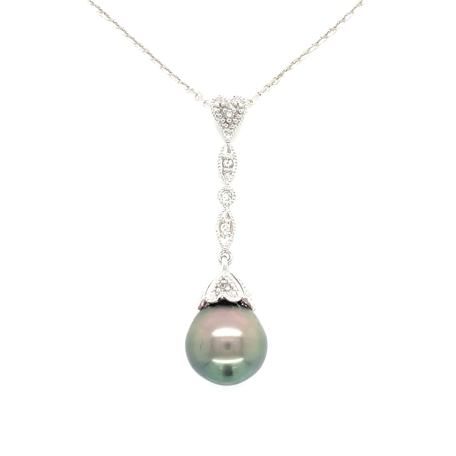 Cultured Tahitian Black South Sea Pearl & Diamond Necklace in 14k White Gold