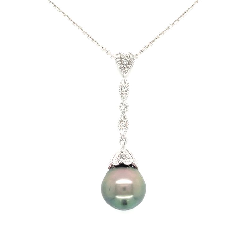 Cultured Tahitian Black South Sea Pearl & Diamond Necklace in 14k White Gold