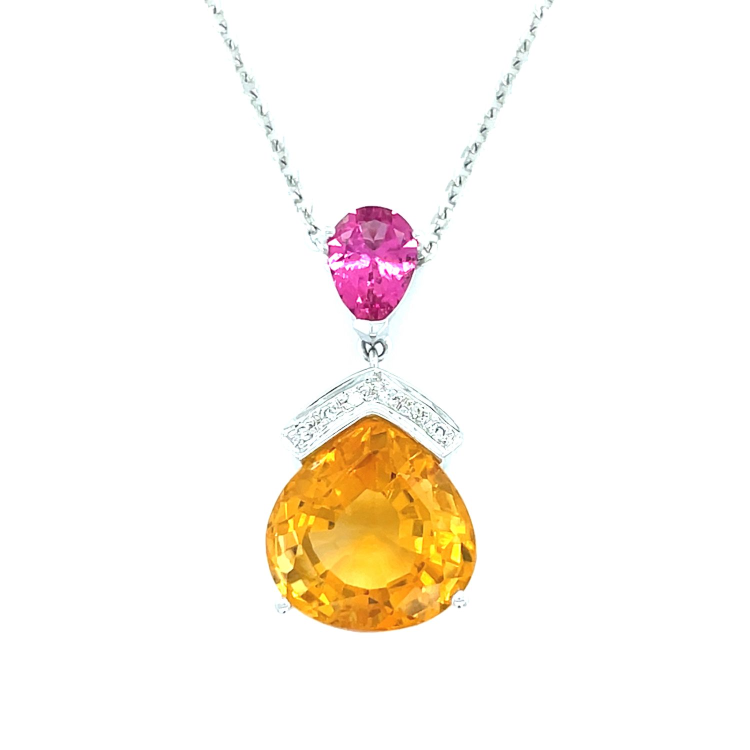 Pink Tourmaline & Citrine & Diamond Necklace in 14k White Gold