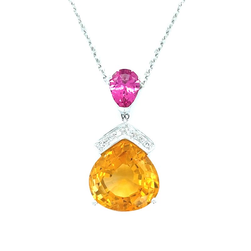 Pink Tourmaline & Citrine & Diamond Necklace in 14k White Gold
