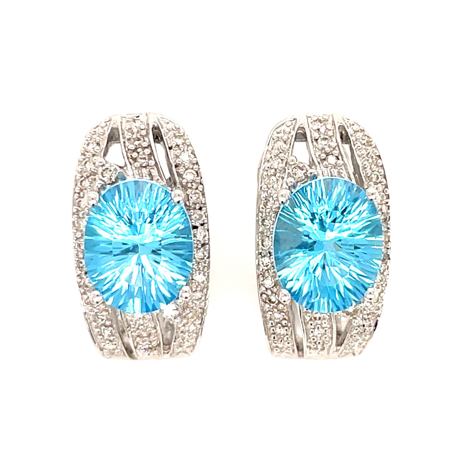Blue Topaz & Diamond Omega Clip Earrings in 14k White Gold