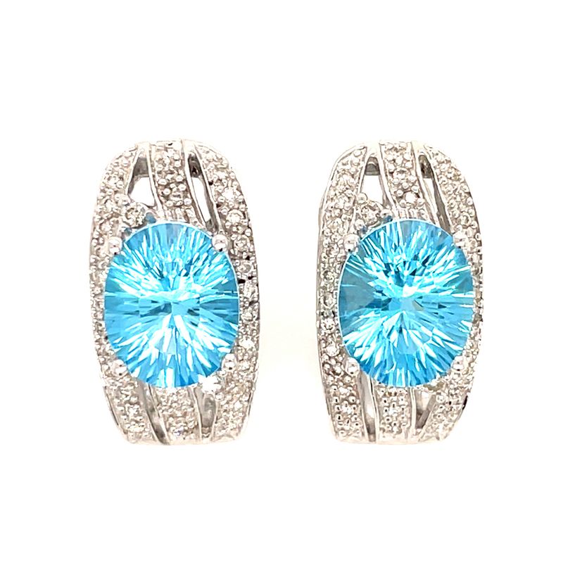 Blue Topaz & Diamond Omega Clip Earrings in 14k White Gold