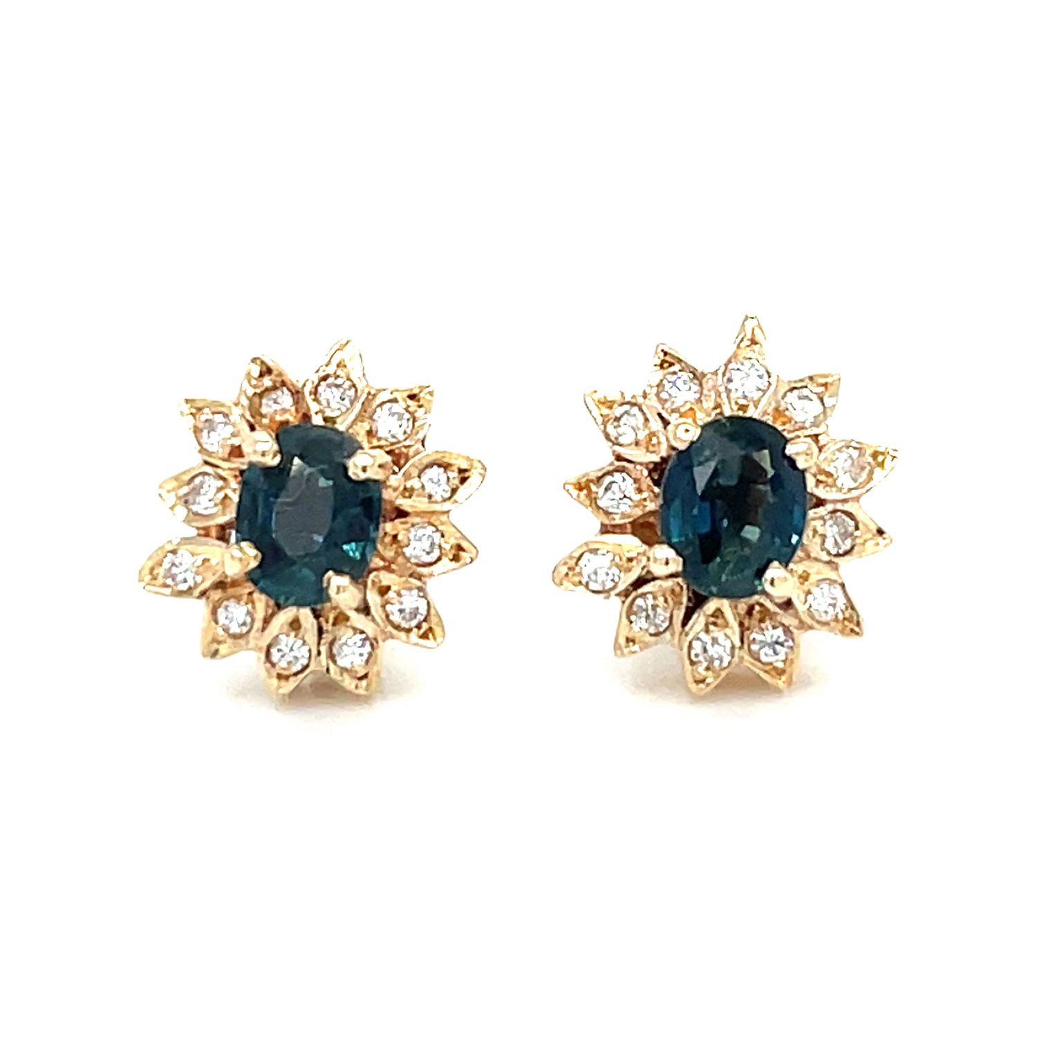 Green Sapphire & Diamond Stud Earrings in 14k Yellow Gold