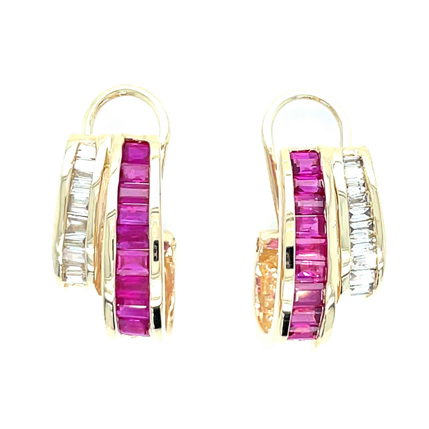Ruby & Diamond Omega Clip Earrings in 14k Yellow Gold