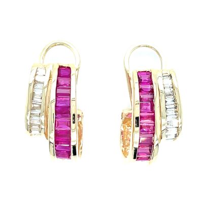 Ruby & Diamond Omega Clip Earrings in 14k Yellow Gold