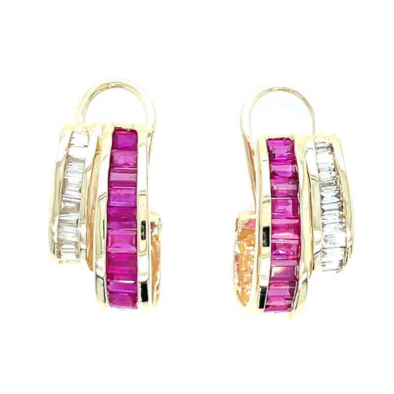 Ruby & Diamond Omega Clip Earrings in 14k Yellow Gold