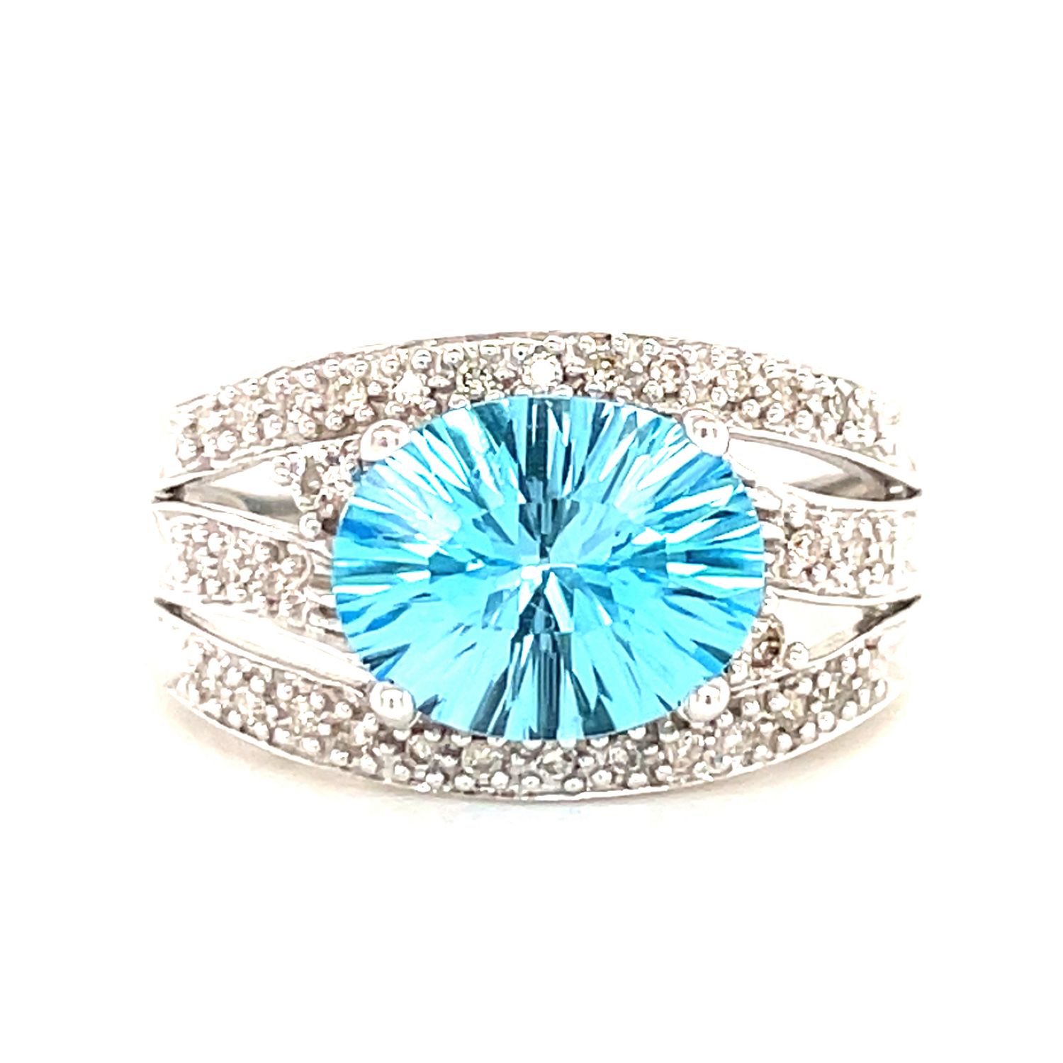 Blue Topaz & Diamond Fancy Oval Ring in 14k White Gold