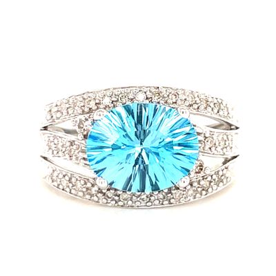 Blue Topaz & Diamond Fancy Oval Ring in 14k White Gold