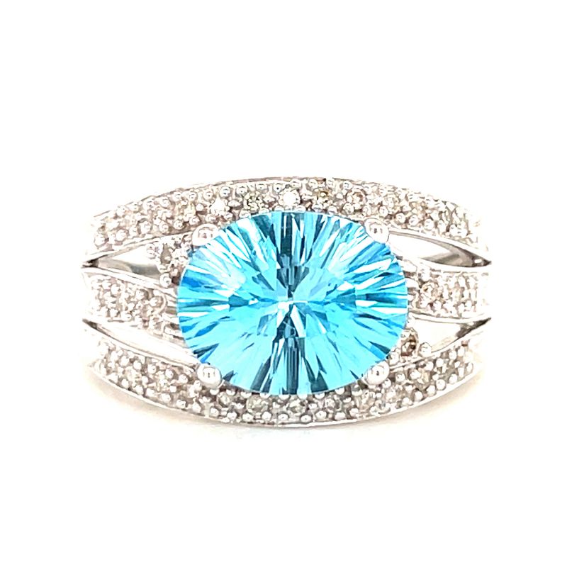 Blue Topaz & Diamond Fancy Oval Ring in 14k White Gold