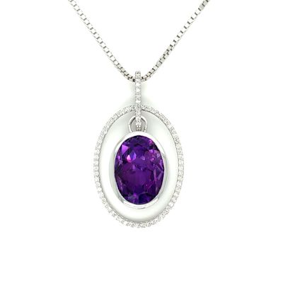 Amethyst & Diamond Halo Necklace in 14k White Gold