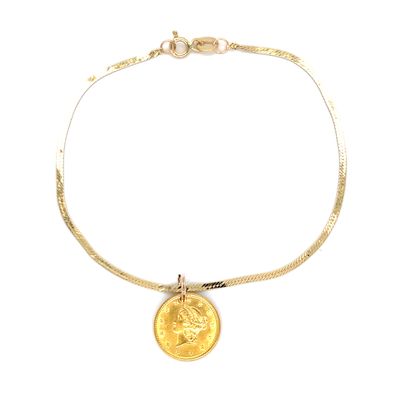 Liberty Coin Herringbone Bracelet in 14k Yellow Gold