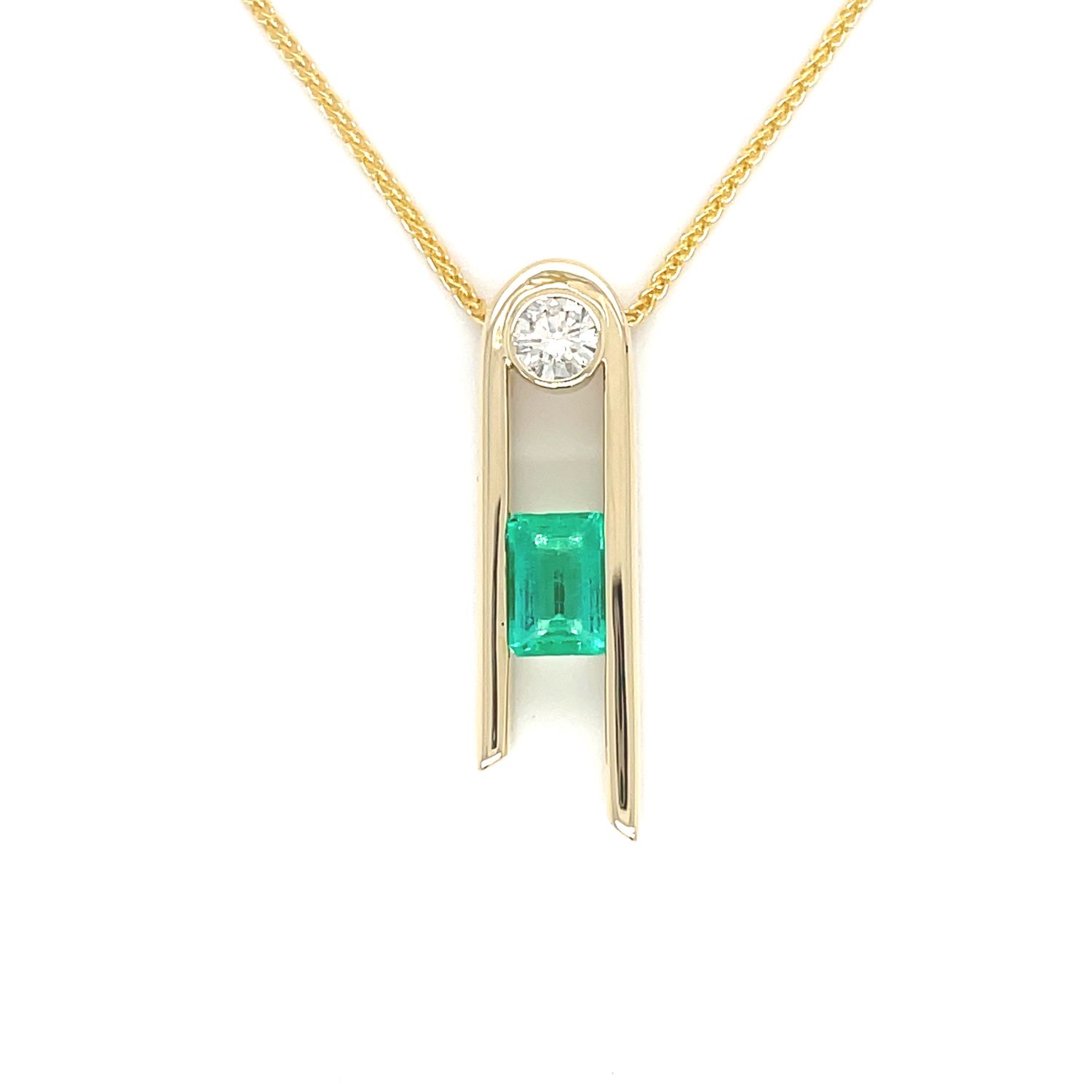Emerald & Diamond Split Bar in 14k Yellow Gold