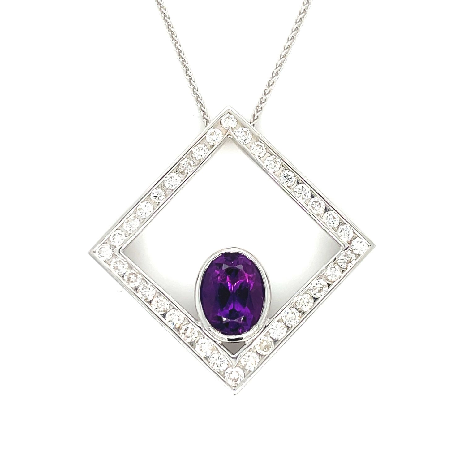 Amethyst & Diamond Rhombus Necklace in 14k White Gold