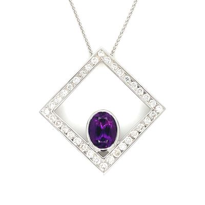 Amethyst & Diamond Rhombus Necklace in 14k White Gold