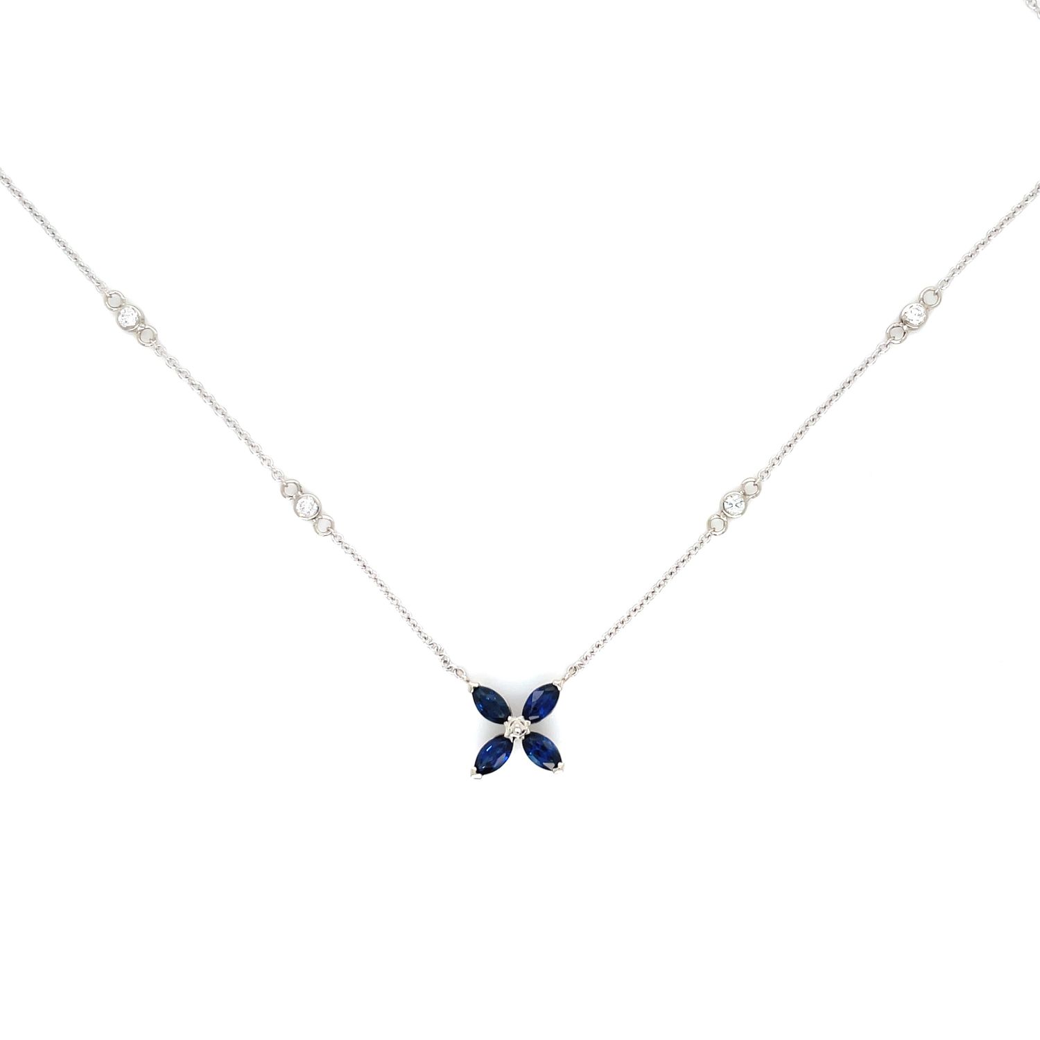 Sapphire & Diamond Flower Necklace in 14k White Gold