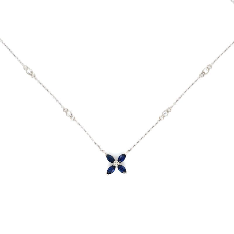Sapphire & Diamond Flower Necklace in 14k White Gold