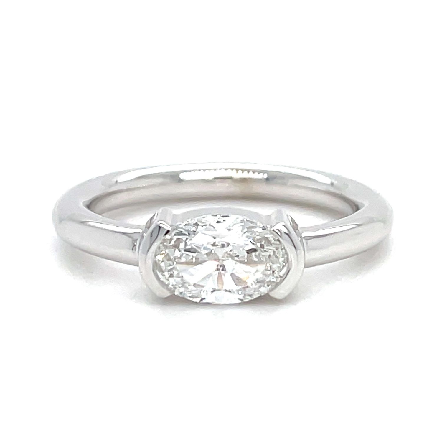 Diamond Oval Half-Bezel Ring in 14k White Gold