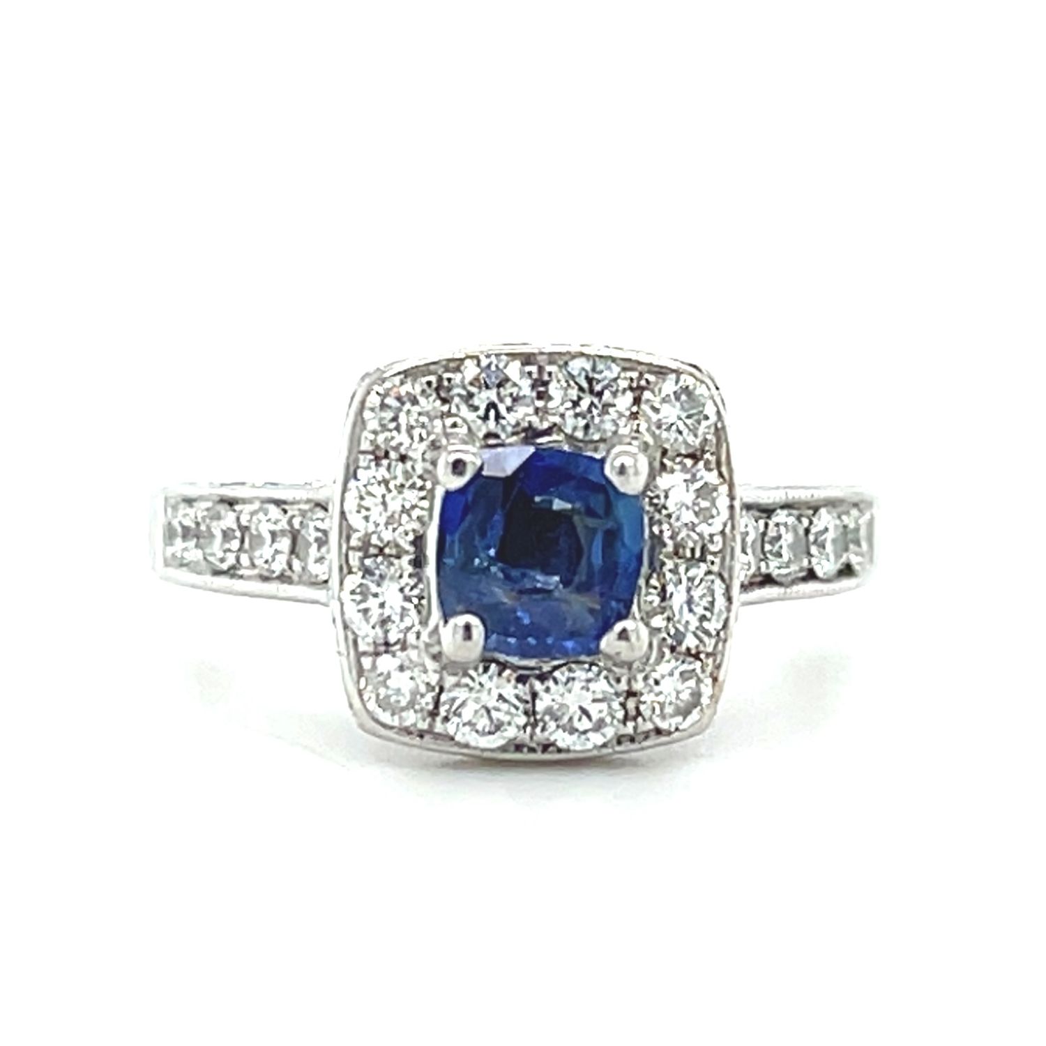 Sapphire & Diamond Halo Ring in 14k White Gold