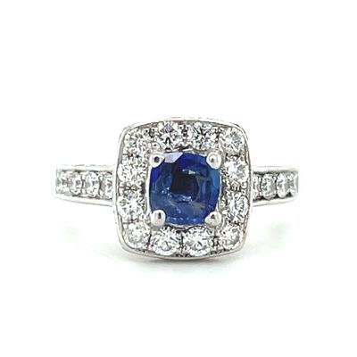 Sapphire & Diamond Halo Ring in 14k White Gold