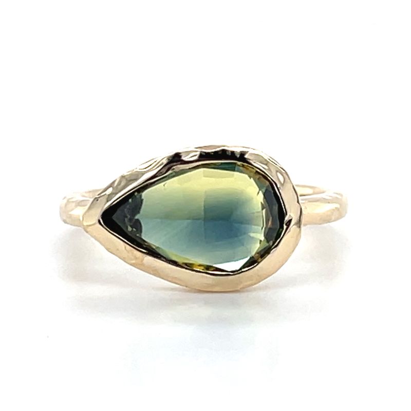 Green Sapphire Pear Ring in 14k Yellow Gold