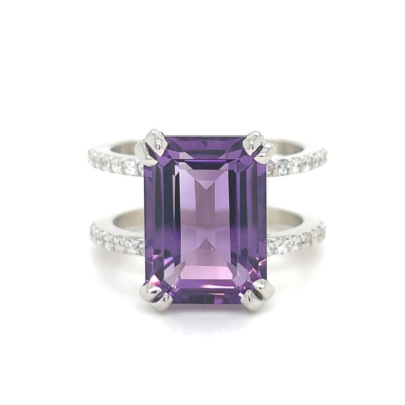 Amethyst & Diamond Emerald-Cut Double Row Ring in 14k White Gold