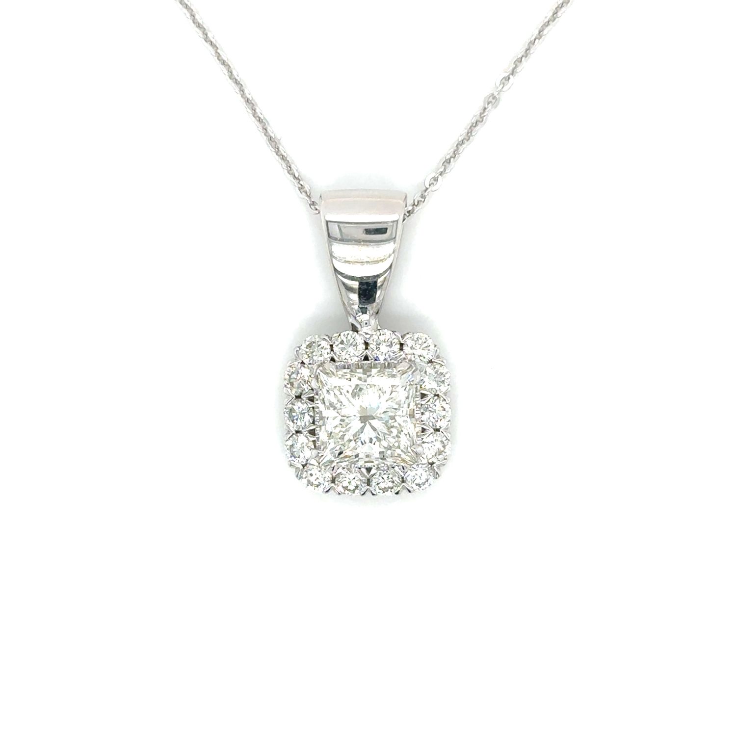Diamond Princess Halo Necklace in 14k White Gold — 2.64CTW