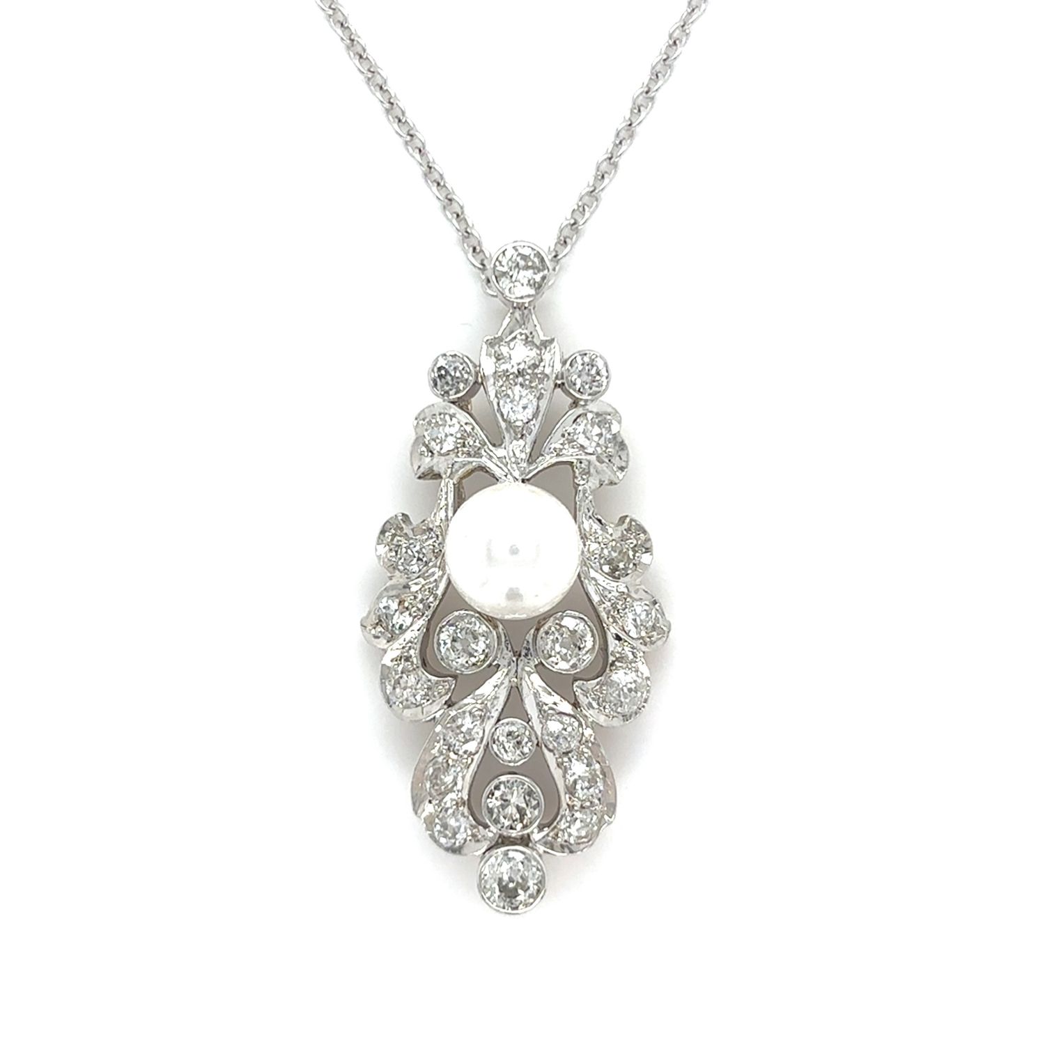 Pearl & Diamond Necklace in 14k White Gold