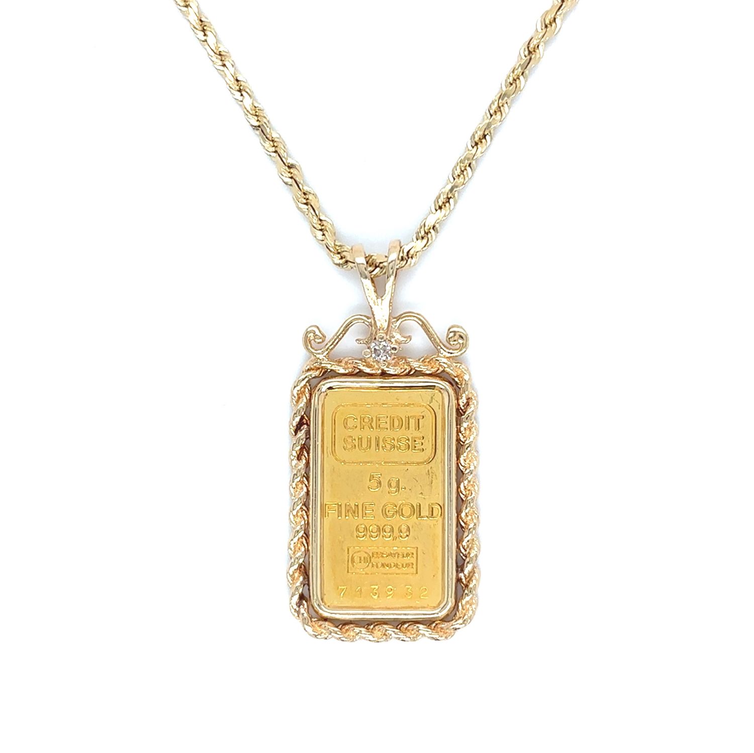 Five Gram Suisse 24k Ingot & Diamond Necklace in 14k Yellow Gold