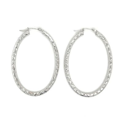 Oval Textured Hoop Earrings in 14k White Gold