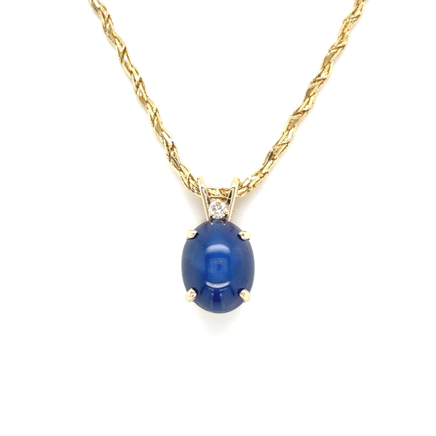 Lab Star Sapphire & Diamond Necklace in 14k Yellow Gold