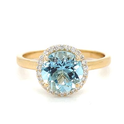 Aquamarine & Diamond Halo Ring in 18k Yellow Gold