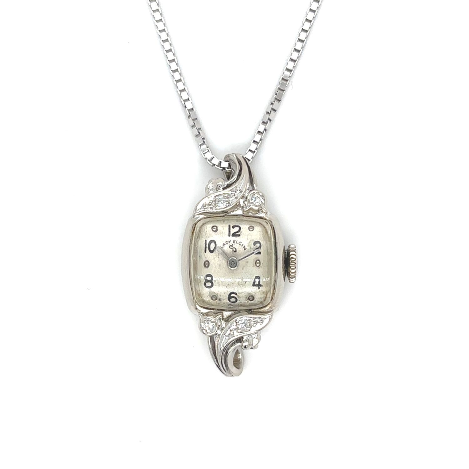 Elgin Vintage Watch Necklace in 14k  White Gold