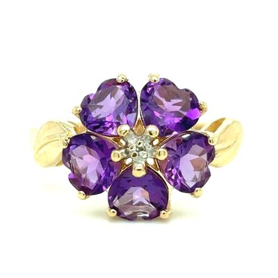 Amethyst & Diamond Floral Ring in 14k Yellow Gold
