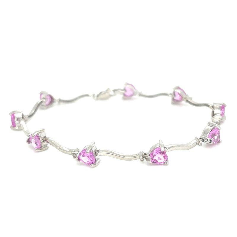 Pink Sapphire & Diamond Heart Bracelet in 10k White Gold