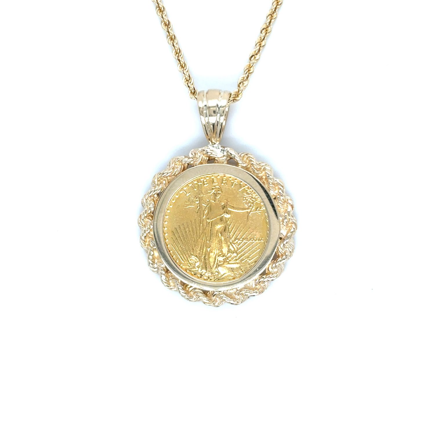 Liberty Coin Rope Necklace in 14k Yellow Gold