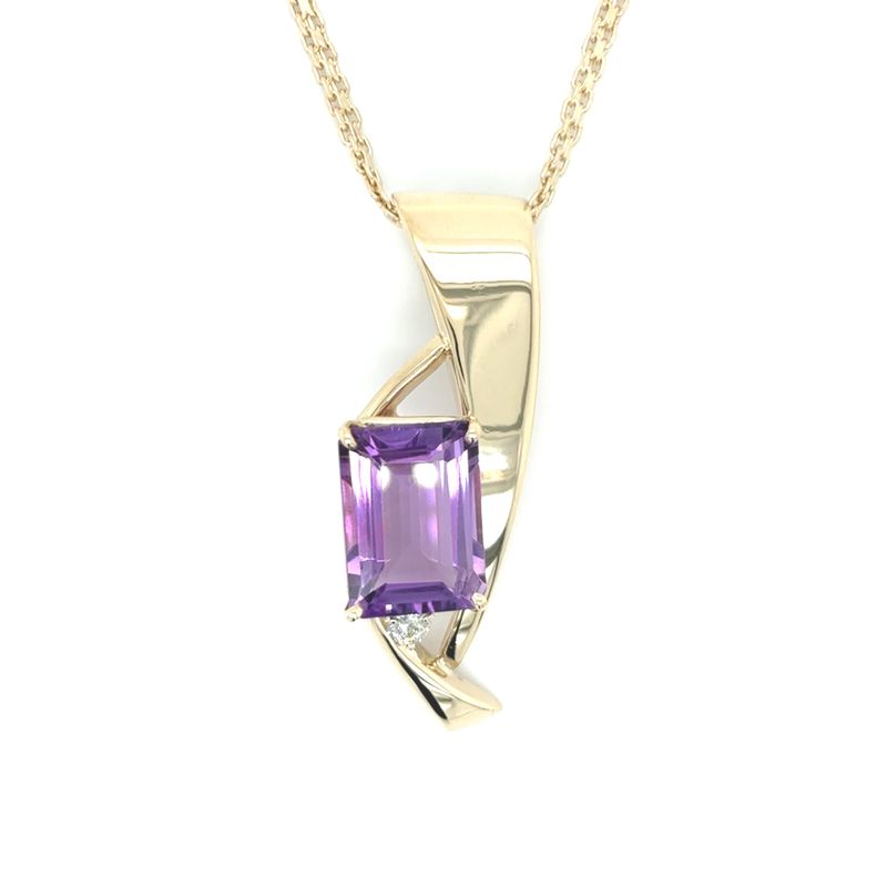 Amethyst Emerald-Cut & Diamond Necklace in 14k Yellow Gold
