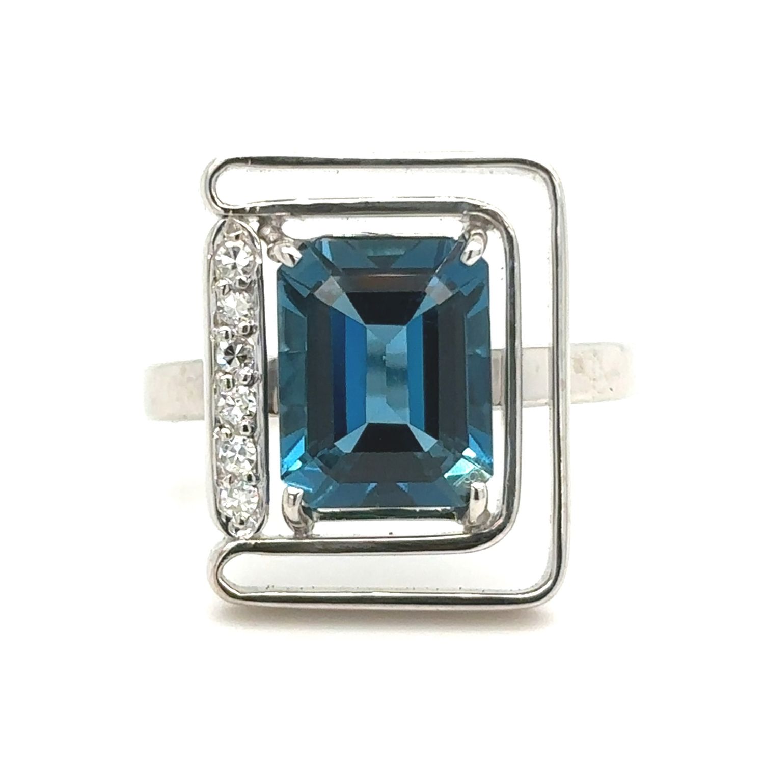 London Blue Topaz & Diamond Emerald-Cut Ring in 18k White Gold