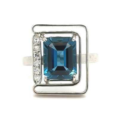 London Blue Topaz & Diamond Emerald-Cut Ring in 18k White Gold