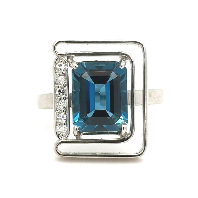 London Blue Topaz & Diamond Emerald-Cut Ring in 18k White Gold