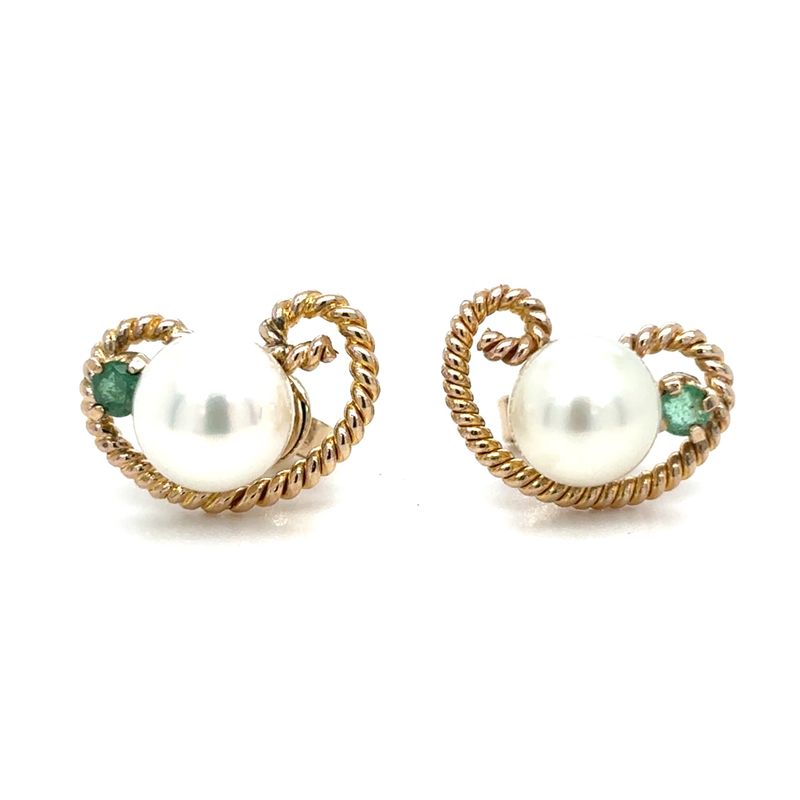 Akoya Pearl & Emerald Braided Stud Earrings in 14k Yellow Gold