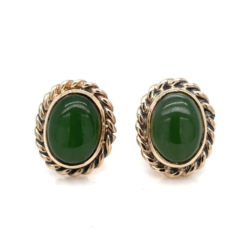 Jade Oval Stud Earrings in 14k Yellow Gold