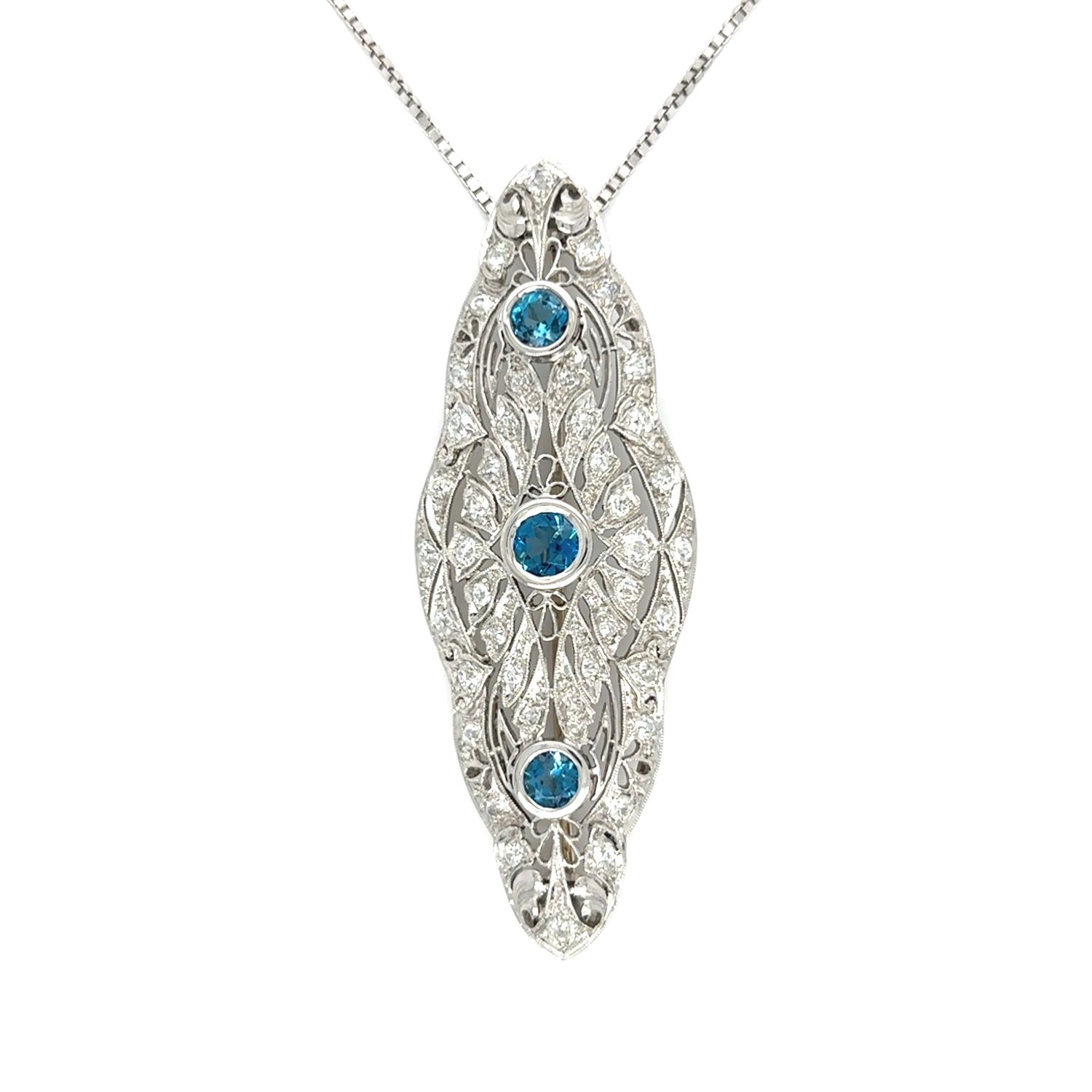 London Blue Topaz & Diamond Brooch Necklace in Platinum & 14k White Gold