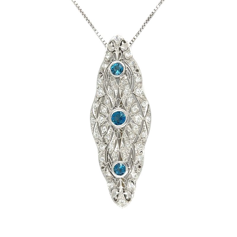 London Blue Topaz & Diamond Brooch Necklace in Platinum & 14k White Gold