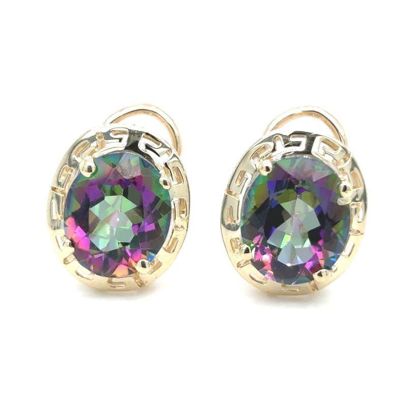 Mystic Topaz Omega Earrings in 14k Yellow Gold