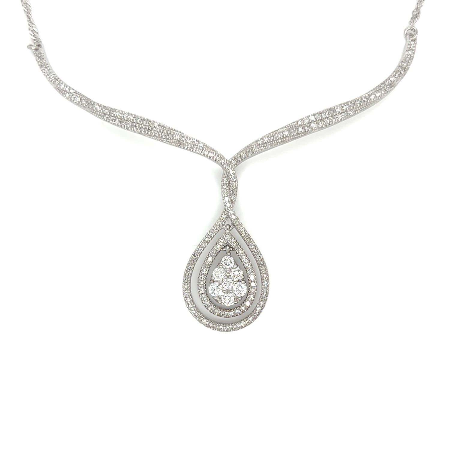 Diamond Teardrop Double Halo Pave Necklace in 14k White Gold