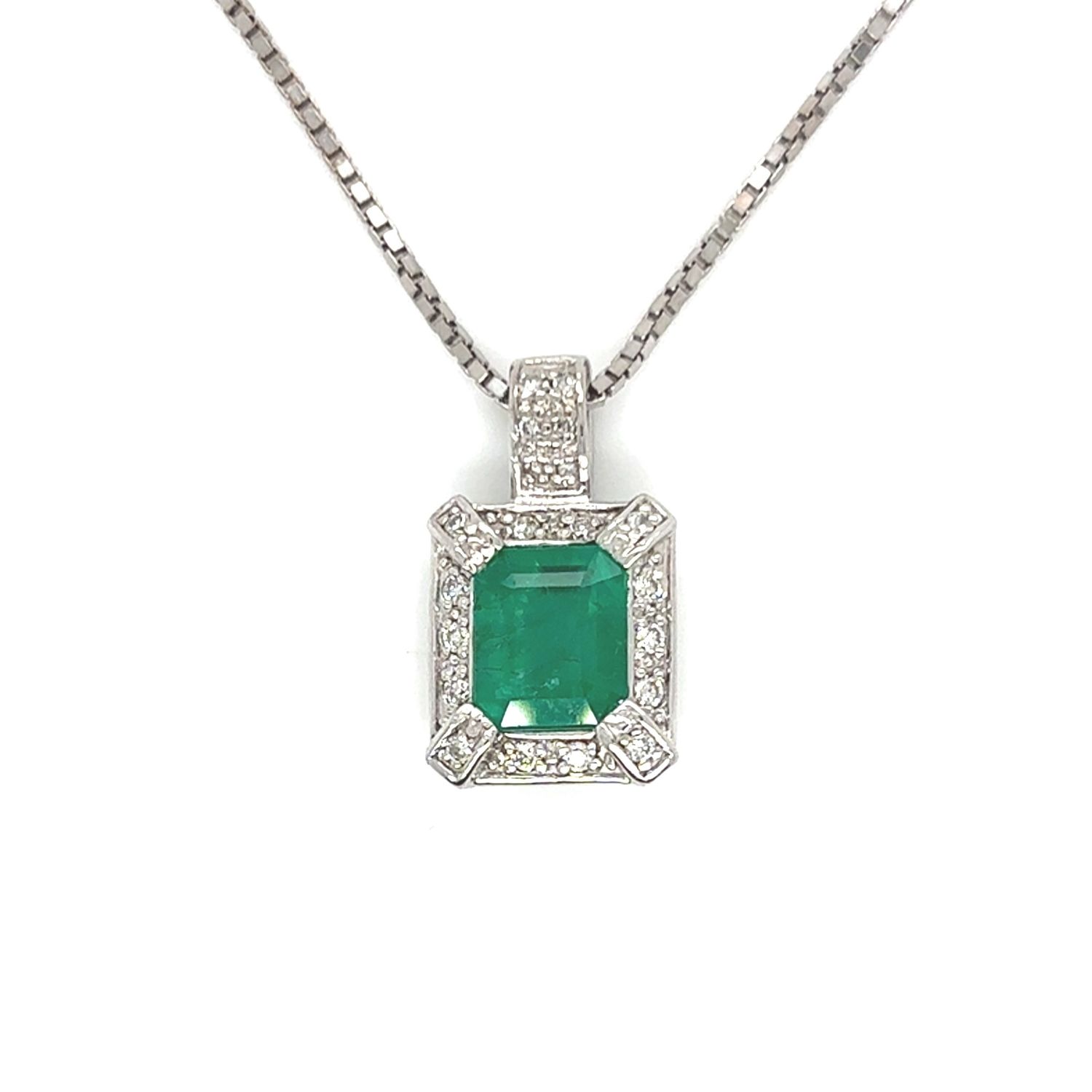 Emerald & Diamond Halo Necklace in 14k White Gold Emerald & Diamond Halo Necklace in 14k White Gold