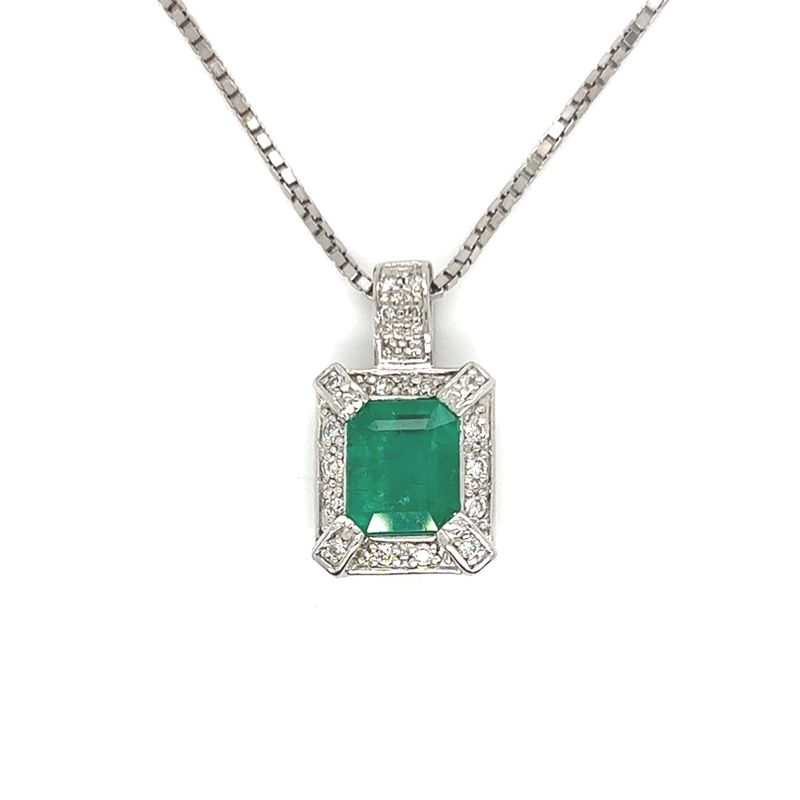 Emerald & Diamond Halo Necklace in 14k White Gold